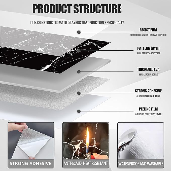 10pcs Peel and Stick Tile Shower Waterproof Marble Tiles Wall Panels, - Image 4