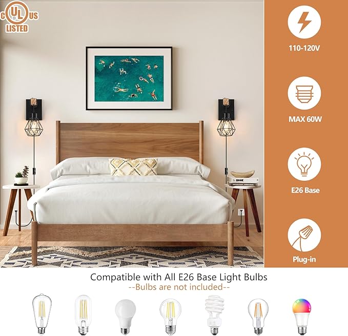 Lomoky Plug in Wall Sconces Set of Two, Vintage Wood Wall Lamps - Image 3