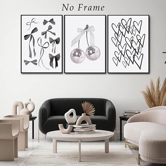 BOKPEN 3pcs Black and White Trendy Preppy Wall Art Bows Disco Ball Many Heart - Image 3