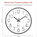 Foxtop Black Wall Clock 12 Inch Silent Non Ticking Quartz Battery Operated - Image 2