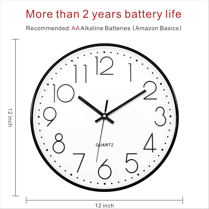 Foxtop Black Wall Clock 12 Inch Silent Non Ticking Quartz Battery Operated - Image 2