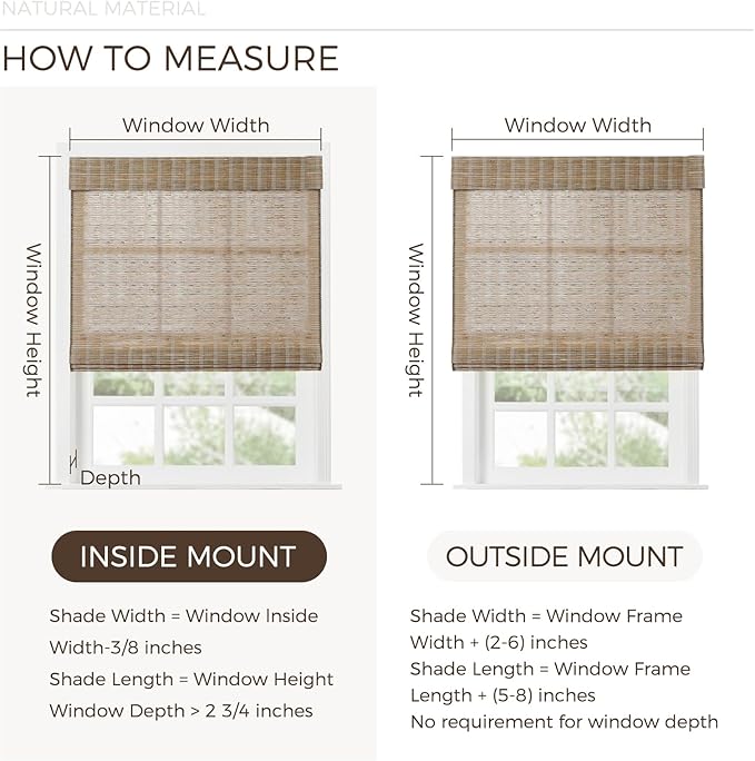 TWOPAGES Natural Woven No Drill Roman Shades, Custom Cordless Blackout Bamboo - Image 6