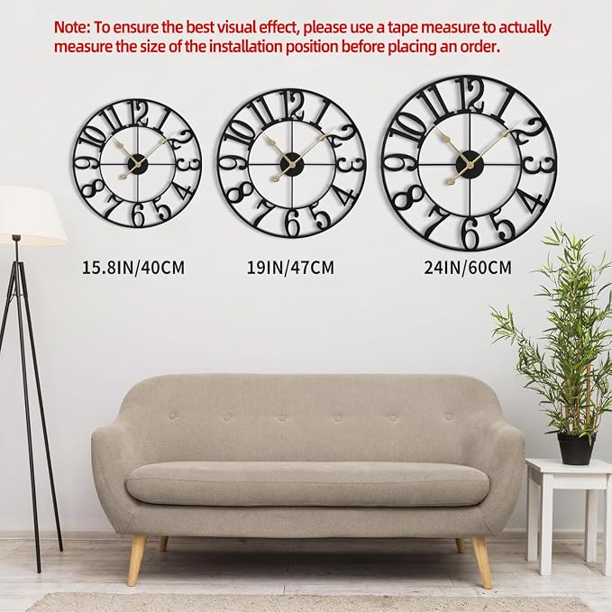 LEIKE Large Wall Clock, Battery Operated, Decorative Retro Black Metal Clock - Image 4