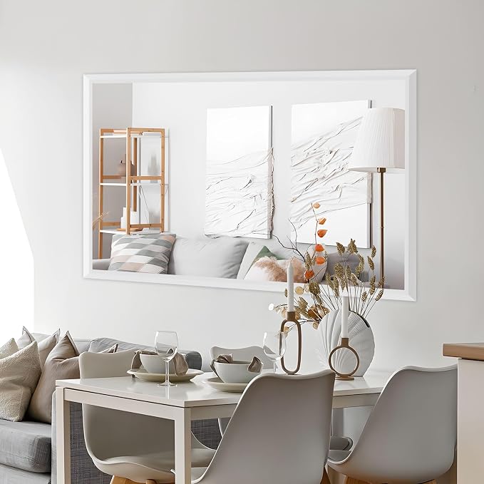 Amorho Bathroom Mirror, 60X36 Inch White Thick Metal Framed Wall Mirrors - Image 5