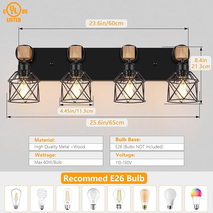 FadimiKoo 4-Light Rustic Style Wood Bathroom Vanity Light Fixtures, Farmhouse - Image 2