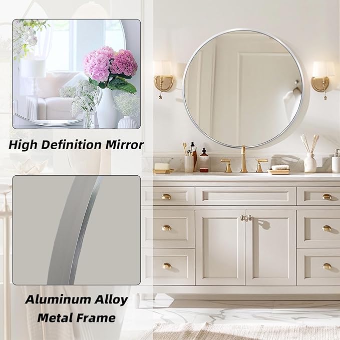 Silver Round Mirror, 20 Inch Silver Circle Mirror, Metal Frame Round Wall - Image 2
