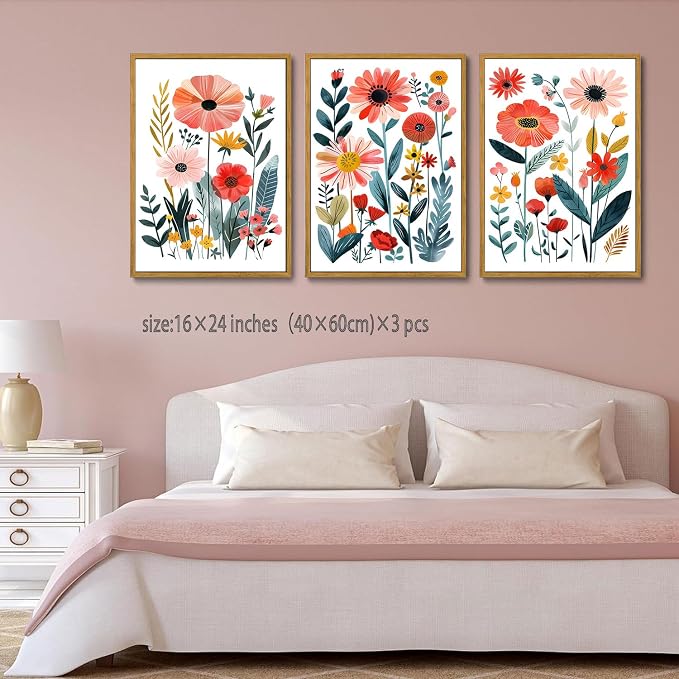 KISSFOX Framed Colorful Wildflower Canvas Wall Art Set Of 3 Flowers Pictures - Image 2