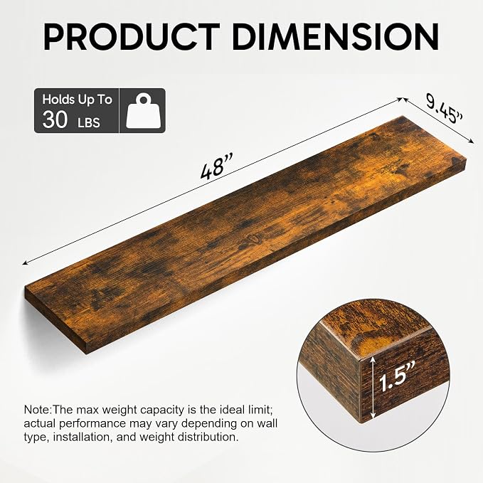 BAYKA Floating Shelves, 48 inches Long Wall Mounted Rustic Wood Shelves - Image 3