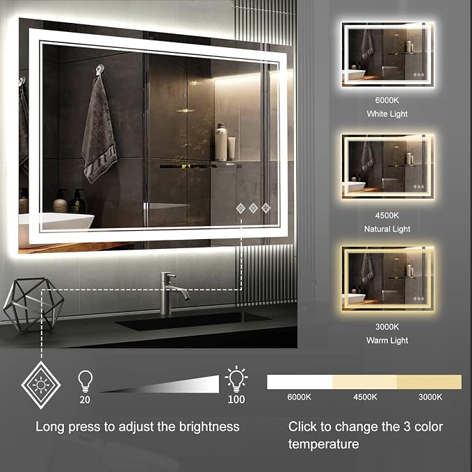 Lighted Bathroom Mirror, 40x30 Inch Gradient Front and Backlit LED Bathroom - Image 5