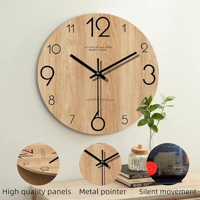 12 inch Vintage Wood Grain Simple Wall Clocks Silent Creative Living Room - Image 3