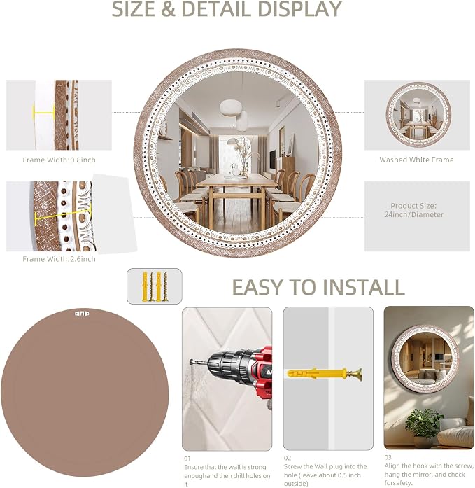 Reflinto 24 Inch Boho Wooden Round Mirror - Image 7