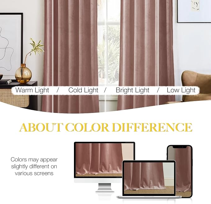 NICETOWN Dusty Pink Velvet Curtains 90 inches Long 2 Panels Set, Thermal - Image 3