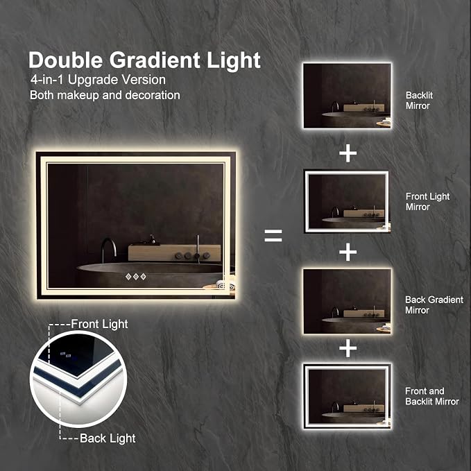 LED Mirror for Bathroom, 48x36 Inch Gradient Front and Backlit Bathroom Mirror - Image 4
