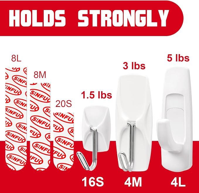 Sinfuo 24 Hooks for Hanging Variety Pack, Adhesive Wall Hooks Heavy Duty - Image 4