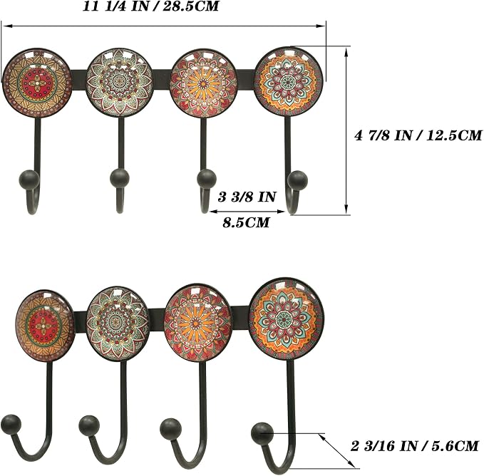 Coat Rack Wall Mounted with 4 Hooks, Round Brown Pattern Decorative Wall Hooks - Image 2