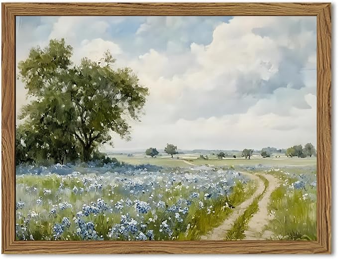 Framed Vintage Canvas Wall Art, Country Landscape Wildflower Field Wall Decor by Unknown