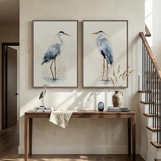 Large Framed Vintage Bird Wall Art, 2 Piece Neutral Blue Heron Canvas Painting - Image 8