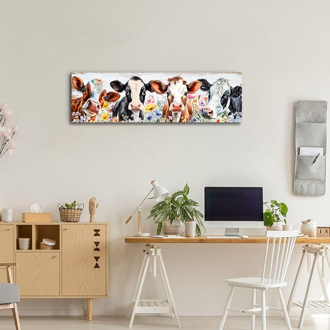 Country Cow Canvas Wall Art Kitchen Wall Decor Vintage Funny Cattle Flowers - Image 5