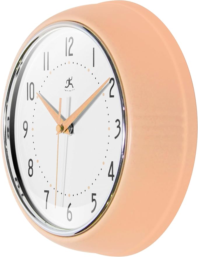 Infinity Instruments Retro 9.5 Inch Round Indoor Wall Clock, Peach Fuzz - Image 4