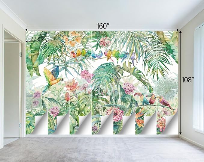 Tropical Green Botanical Flower Birds Leaf Wallpaper Bedroom Plant Floral Mural - Image 4