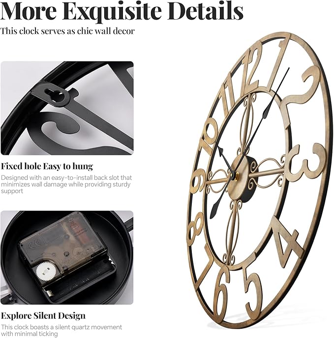 Cuspin 30 Inch Large Wall Clock, Bronze Rustic Decorative Metal Wall Clock - Image 5