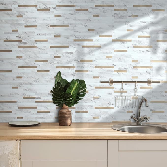 AULIGET 20 Sheets Faux Stone White Marble Peel and Stick Backsplash, PVC Mixed - Image 2