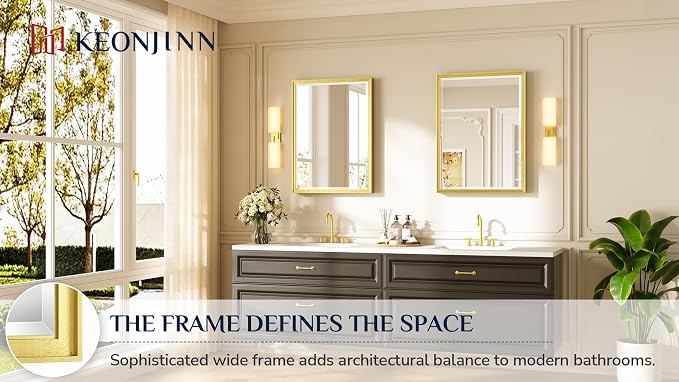 Keonjinn 24" x 32" Brushed Gold Bathroom Vanity Mirror, Aluminum Alloy Frame - Image 7