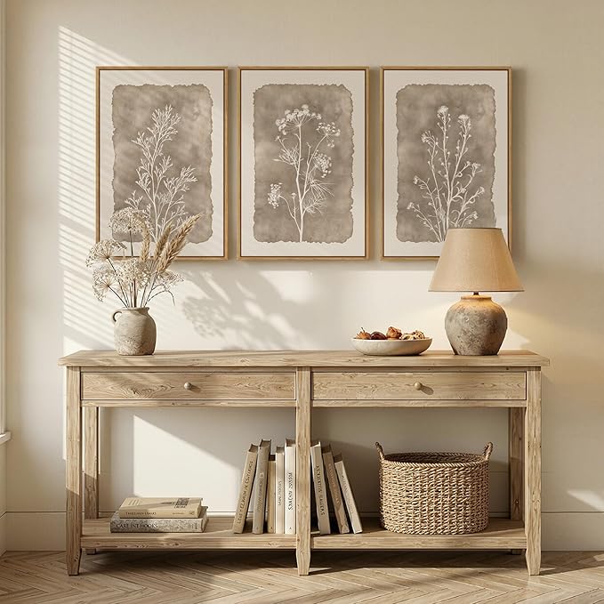3 Piece Framed Neutral Botanical Wall Art Set, Large Farmhouse Floral Canvas - Image 5