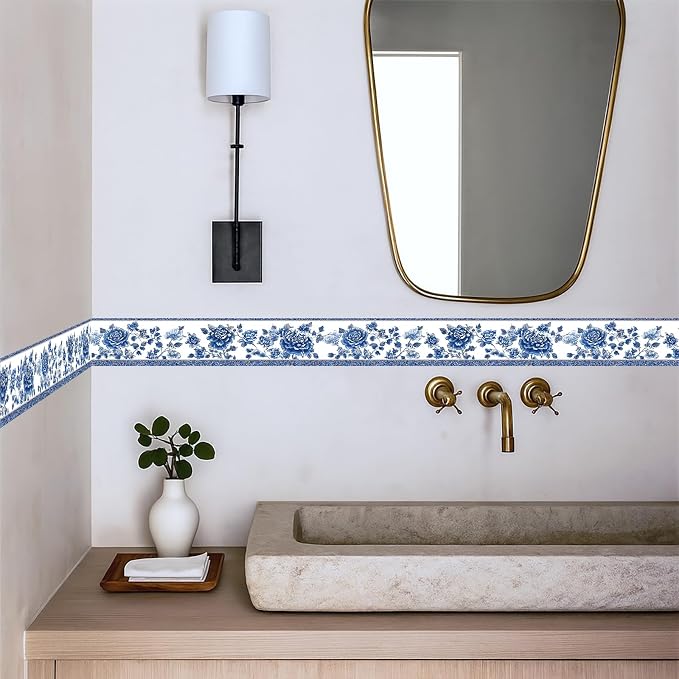 Blue Floral Wallpaper Border 196x4 Inch Vintage Peel and Stick Wall Border - Image 3
