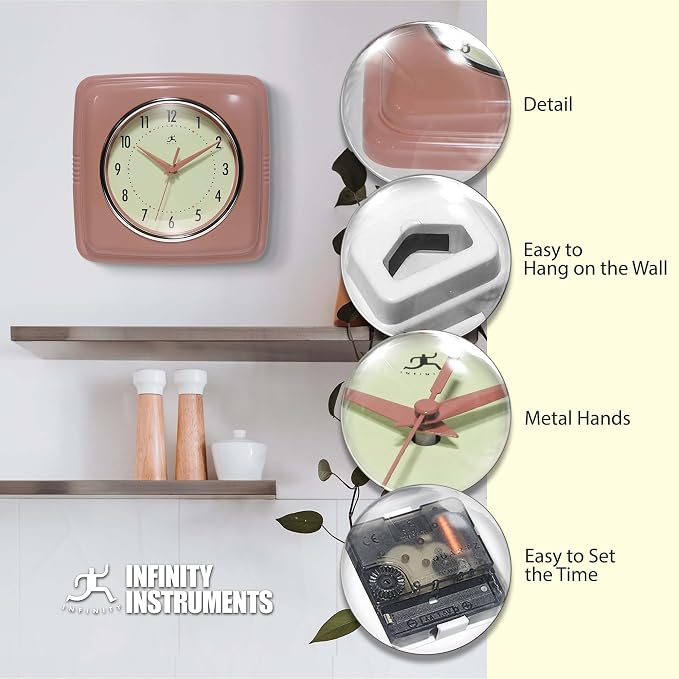 Infinity Instruments Square Retro Wall Clock, Terracotta - Image 6