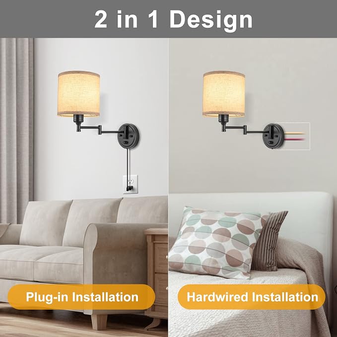 GOODATE ENCOMLI Dimmable Plug in Wall Sconces, Swing Arm Wall Lamp, Wall - Image 8