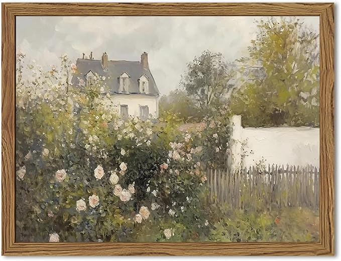 Framed Vintage Wall Art, Cottage Rose Garden Landscape Pictures Wall Decor by Unknown