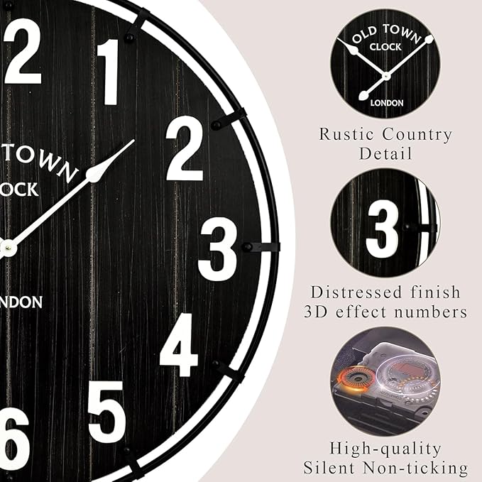 EMAX HOME Large Old Town Farmhouse Black Wall Clock 30 Inch Rustic Antique Wood - Image 5