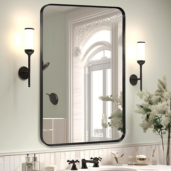 Wall Mount Mirror for Bathroom, Brushed Black Metal Framed Rounded Corner by Minuover