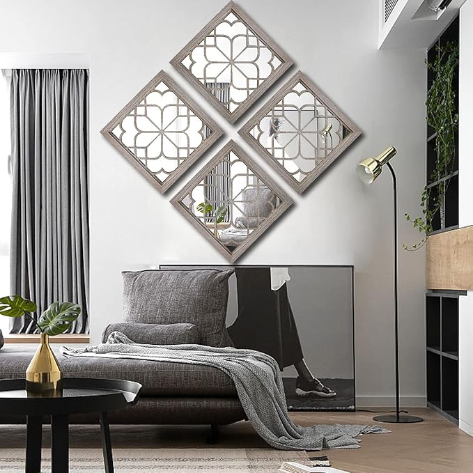 Wocred Set of 2 Farmhouse Square True Mirrors, Vintage Style Barn Wood Wall - Image 5