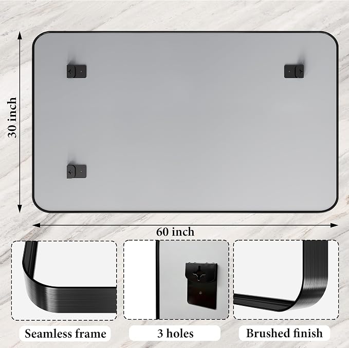 60X30 Inch Black Metal Framed Bathroom Mirror - Image 4