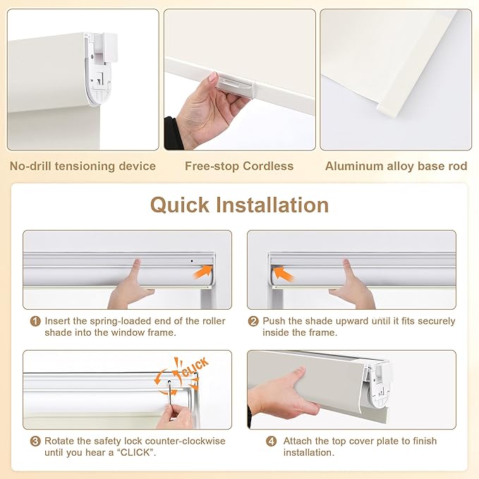 SUNOFF No Drill Tools Cordless Blackout Roller Shades Blinds - Image 2
