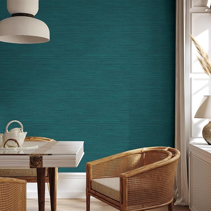 Tempaper Textured Teal Green Horizontal Faux Grasscloth Removable Peel and - Image 4