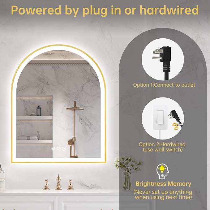 Arched LED Mirror for Bathroom 24"x30", Brushed Gold Lighted Bathroom Mirror - Image 6