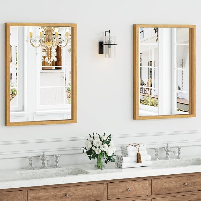 Syndra Natural Wood Frame Bathroom Mirror, 22x30'' Modern Vanity Mirror - Image 2