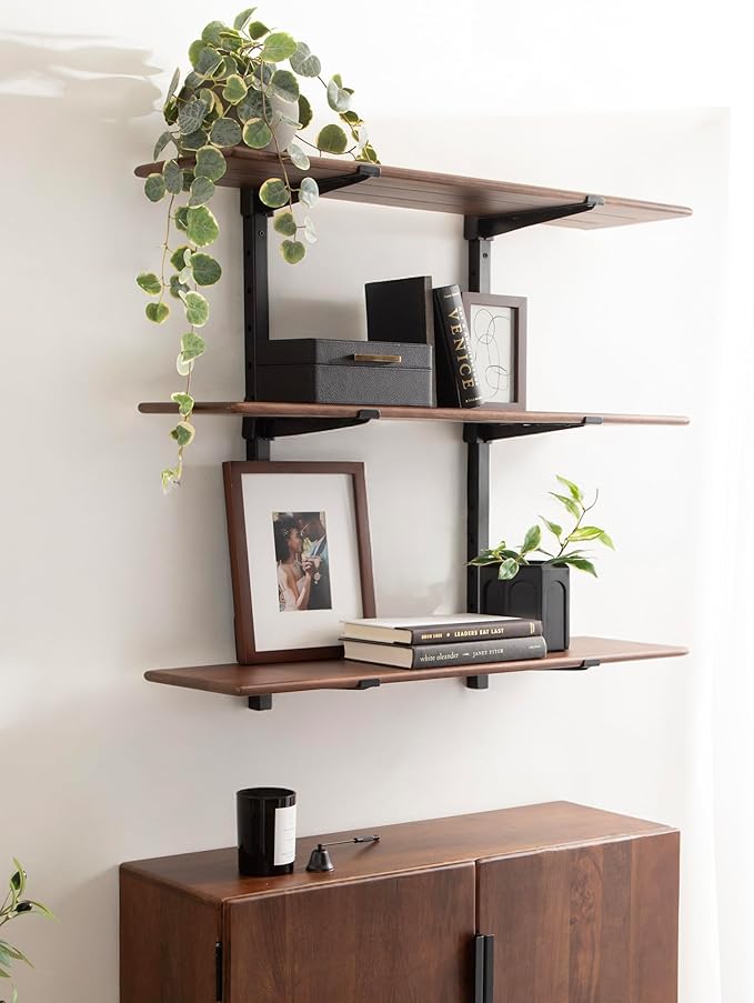 Kate and Laurel Atwood Three-Tiered Adjustable Mango Wood Wall Shelf, Walnut - Image 2