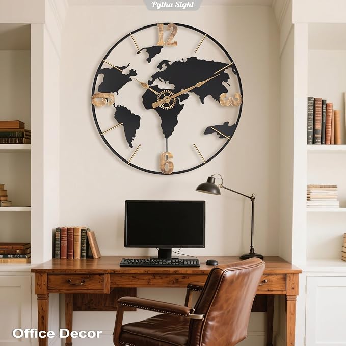 Pytha Sight 30 Inch Large Modern Decorative Metal World Map Wall Clocks Giant - Image 7
