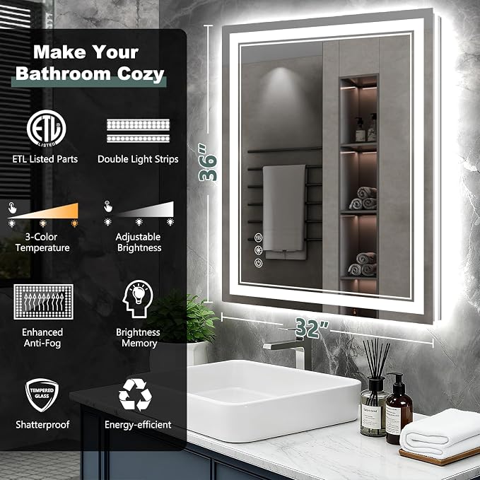36x32 Inch LED Bathroom Mirror - Image 2