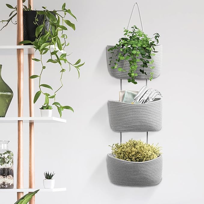TeoKJ Over the Door Hanging Basket, 3-Tier Woven Cotton Wall-Mounted Storage - Image 5