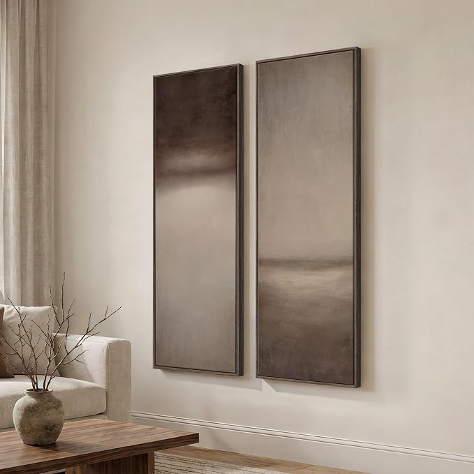 Long Narrow Framed Brown and Beige Neutral Abstract Vertical Wall Art, - Image 2