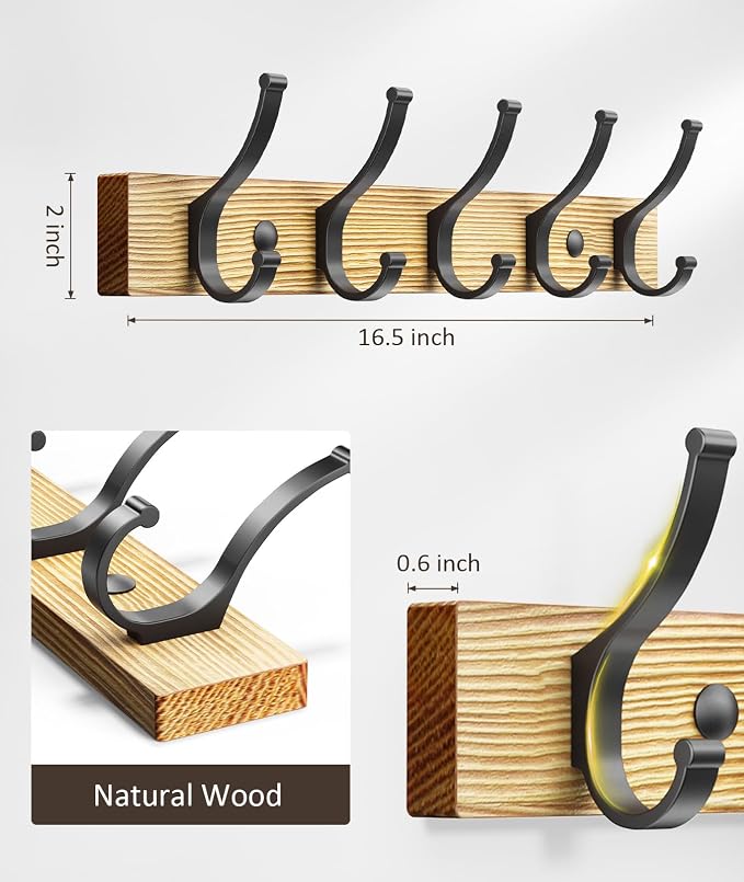 Optish Coat Rack Wall Mount, 16.5 Inches Wood Coat Hooks Wall Mount, Wall Coat - Image 7