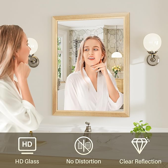 36x30 Inch Bathroom Mirror for Wall, Anti-Rust Oak Wood Grain Metal Framed - Image 6