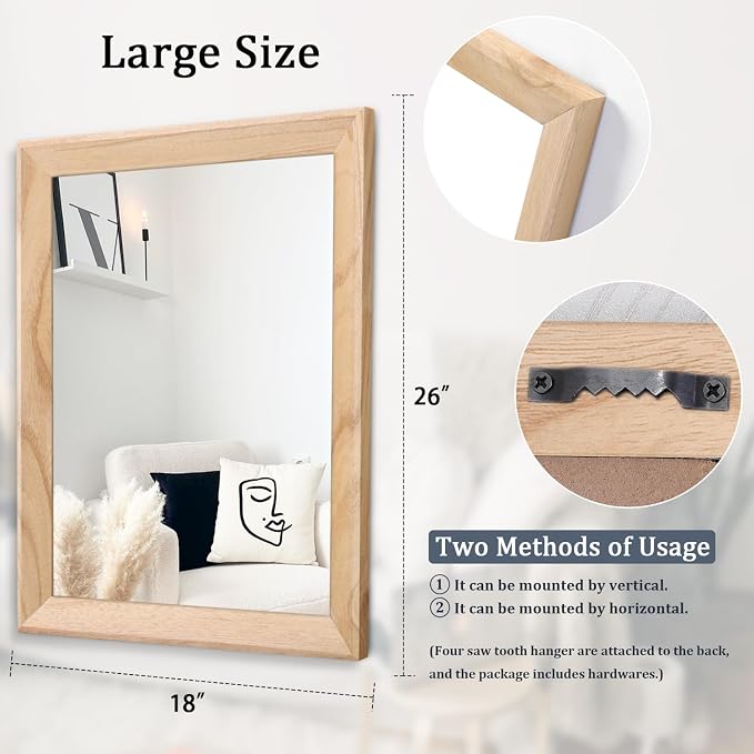 AAZZKANG Rustic Mirrors for Wall Rectangle Wood Frame Mirror Large 26"x18" - Image 2
