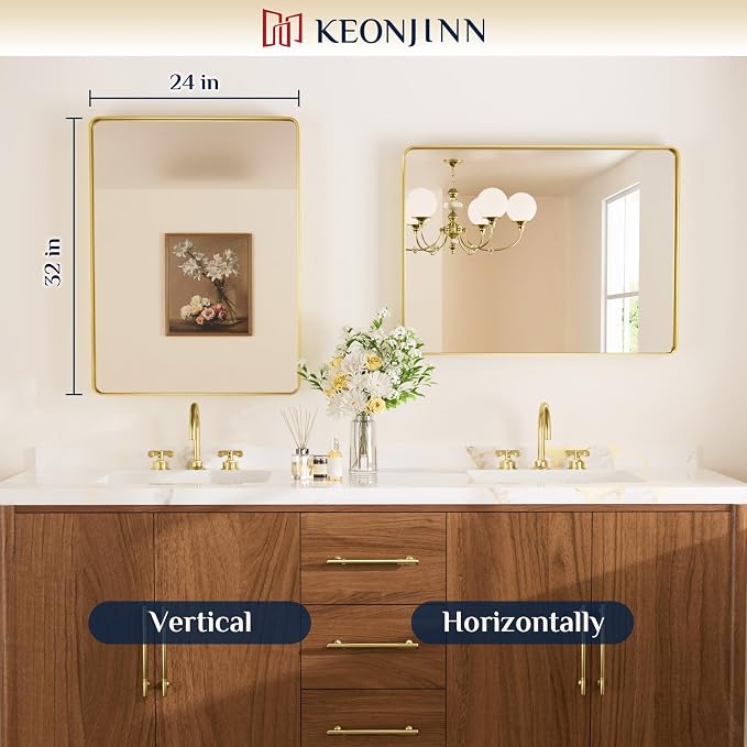 Keonjinn Gold Bathroom Mirrors for Vanity, 24 x 32 Inch Rounded Rectangle Gold - Image 8