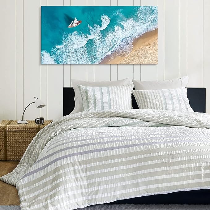 Goldfoilart Blue Ocean Sea Beach Canvas Wall Art Sailboat Painting Print on - Image 3
